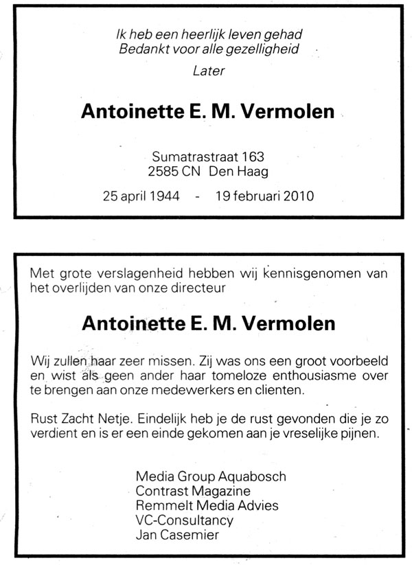 Overlijdensadvertenties Antoinette E.M. Vermolen